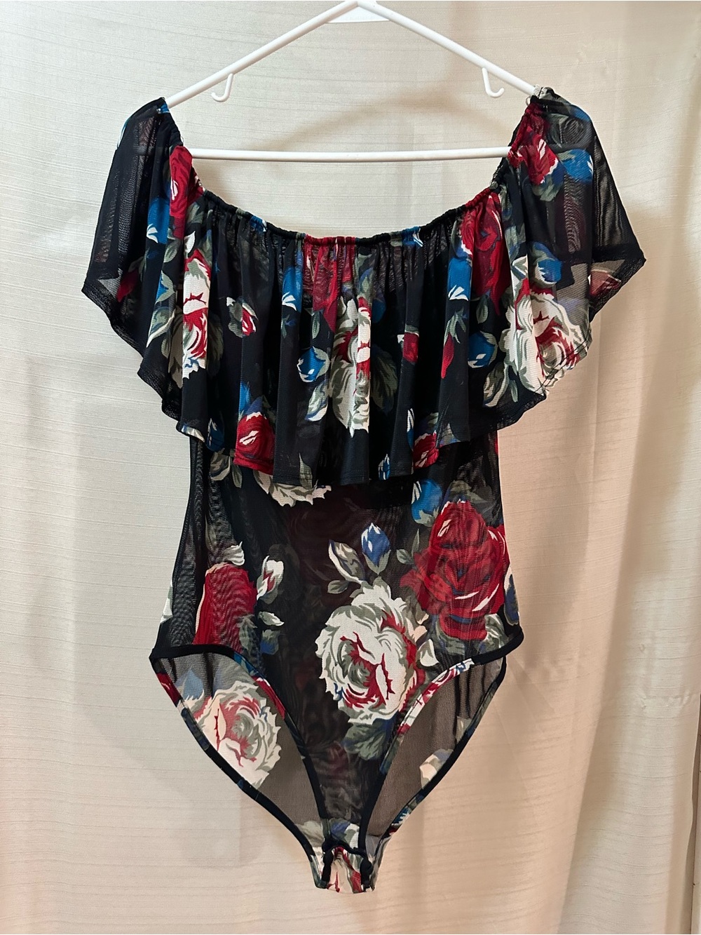 Fashion Nova Floral Mesh Off Shoulder Bodysuit Sheer Ruffle Women’s Size M